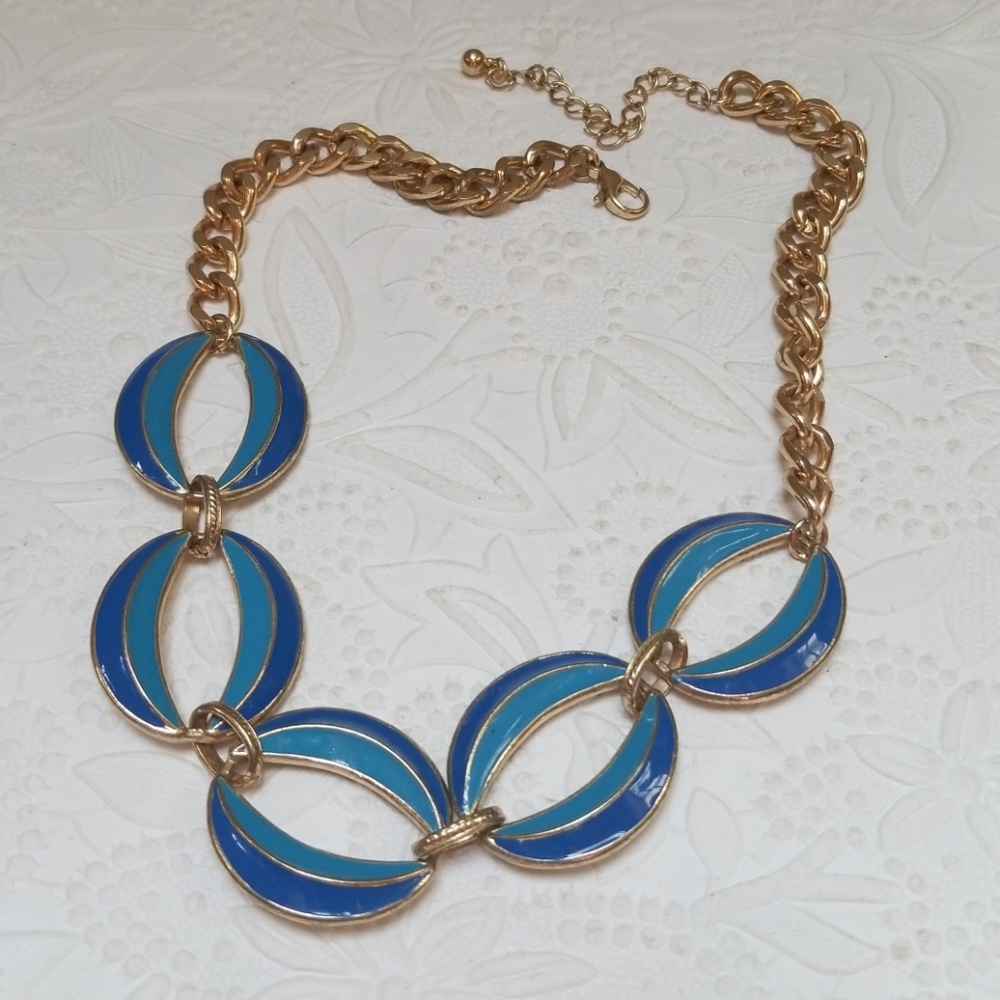 Vintage Mid Century Blue Enamel Goldtone Trim Statement Necklace - Picture 10 of 13